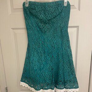 Hollister mini lace dress in turquoise with white lace trim